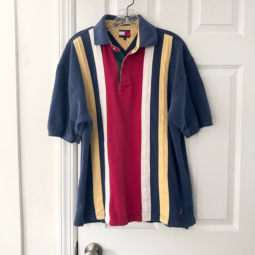 Tommy Hilfiger Blue Red Yellow Striped Y2K 90s Polo Emblem Crest Medium Vintage
